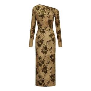 Zara Flocked Tulle Ruched One Shoulder Maxi Dress Slit Viral Golden Olive M NWT